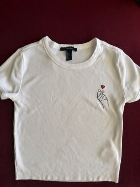 Forever 21 White Ribbed Short Sleeve Tee with Red Heart Hand Embroidery